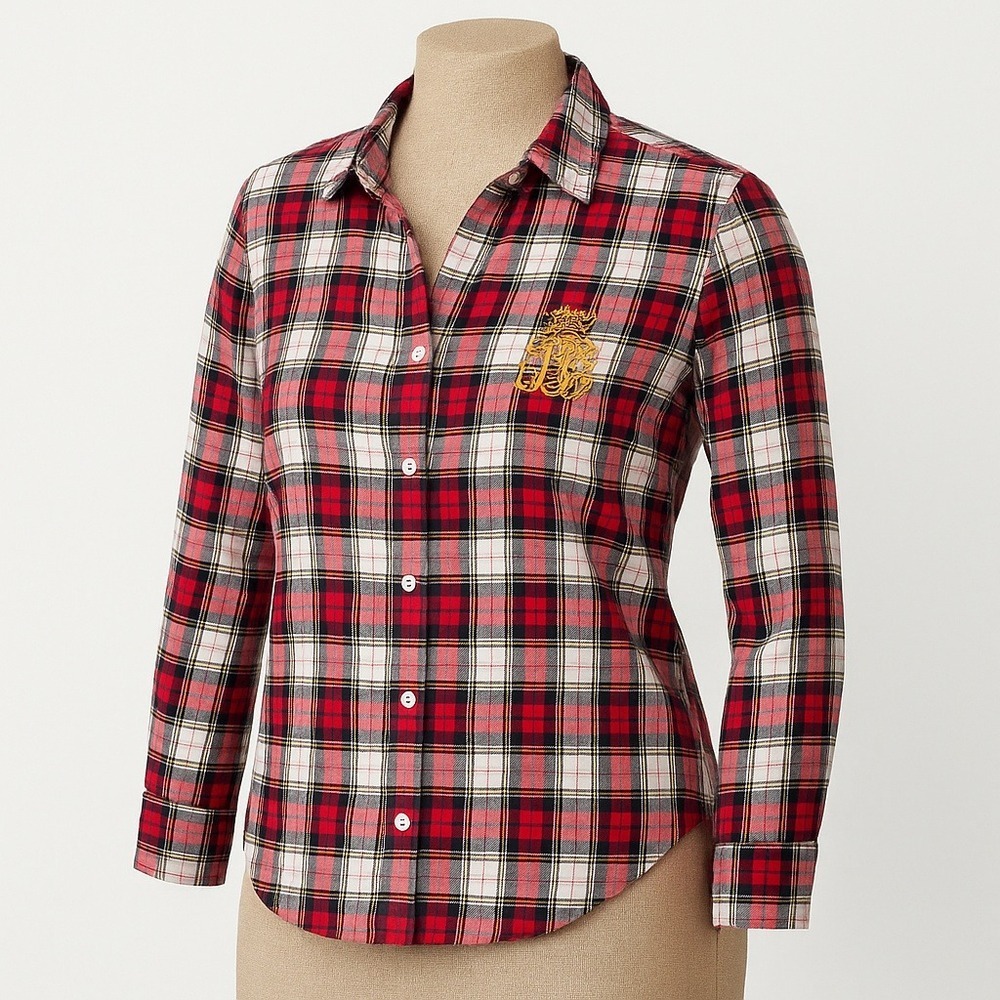 Lauren Ralph Lauren Plaid Sleep Shirt Womens M Tartan Crest Logo Preppy Classic